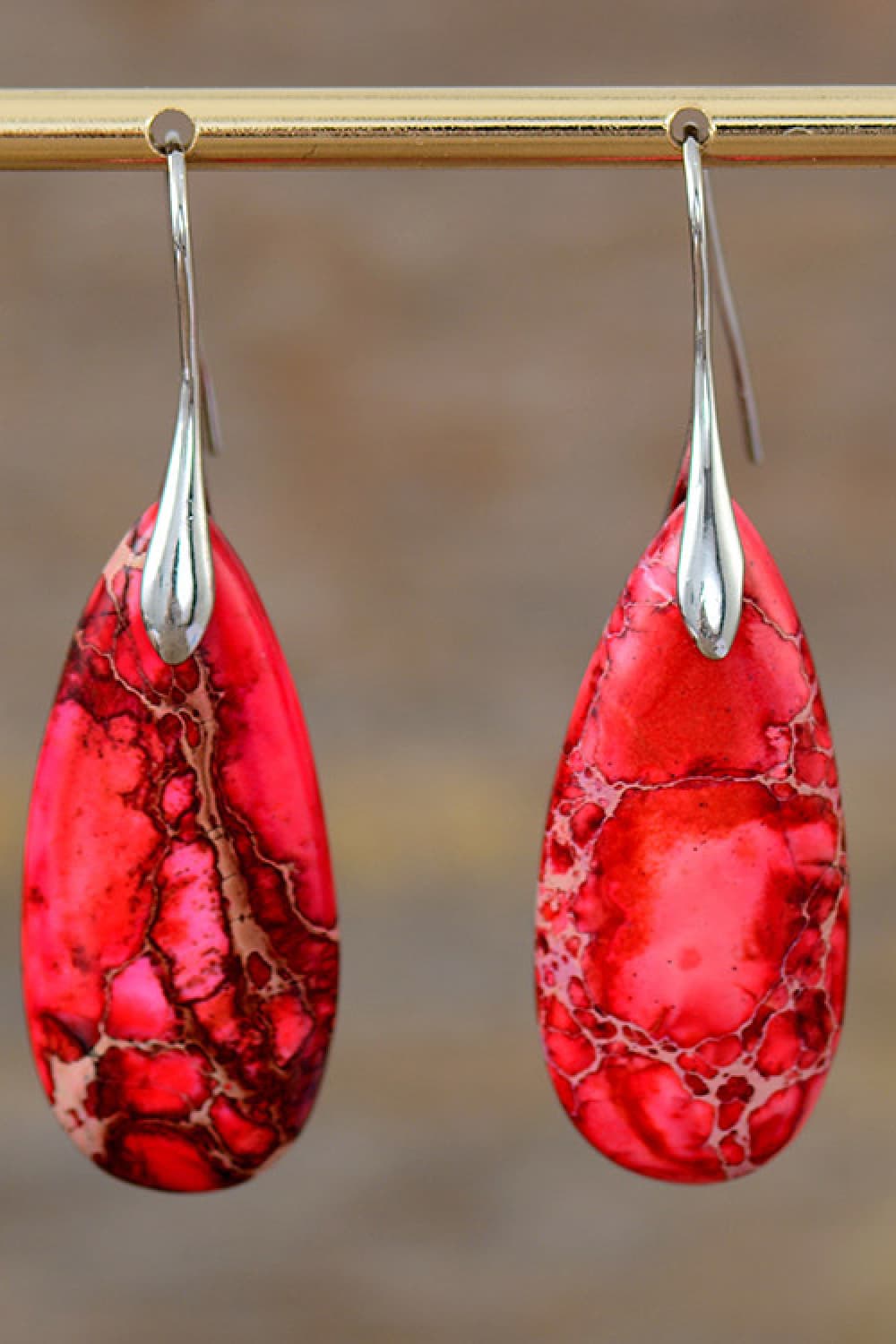 Red Silver One Size Handmade Teardrop Shape Natural Stone Dangle Earrings | Earrings Daverri Fashions