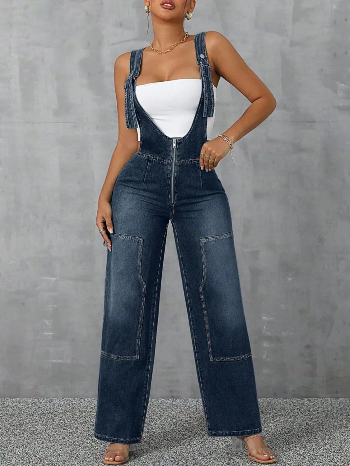 Zip Front Wide Strap Denim Overalls | Jumpsuits Daverri Fashions