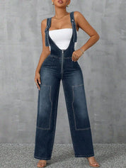 Zip Front Wide Strap Denim Overalls | Jumpsuits Daverri Fashions