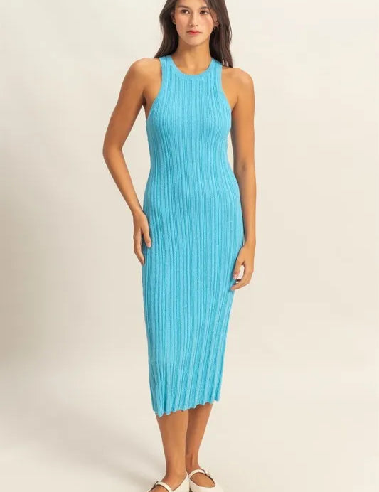 BLUE HYFVE Round Neck Blue Bodycon Ribbed Knit Dress | Tank Dresses Daverri Fashions