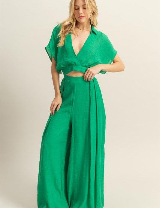 Green L HYFVE Green Kimono Sleeve Crop Top and Wide Leg Pants Set | Outfit Sets Daverri Fashions