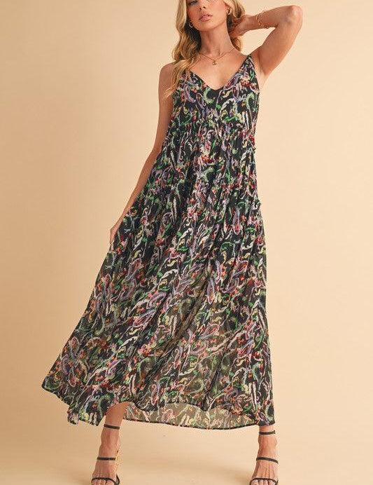 Black Multicolor S Aemi + Co Printed V-Neck Frill Tiered Cami Dress | Cami Dresses Daverri Fashions