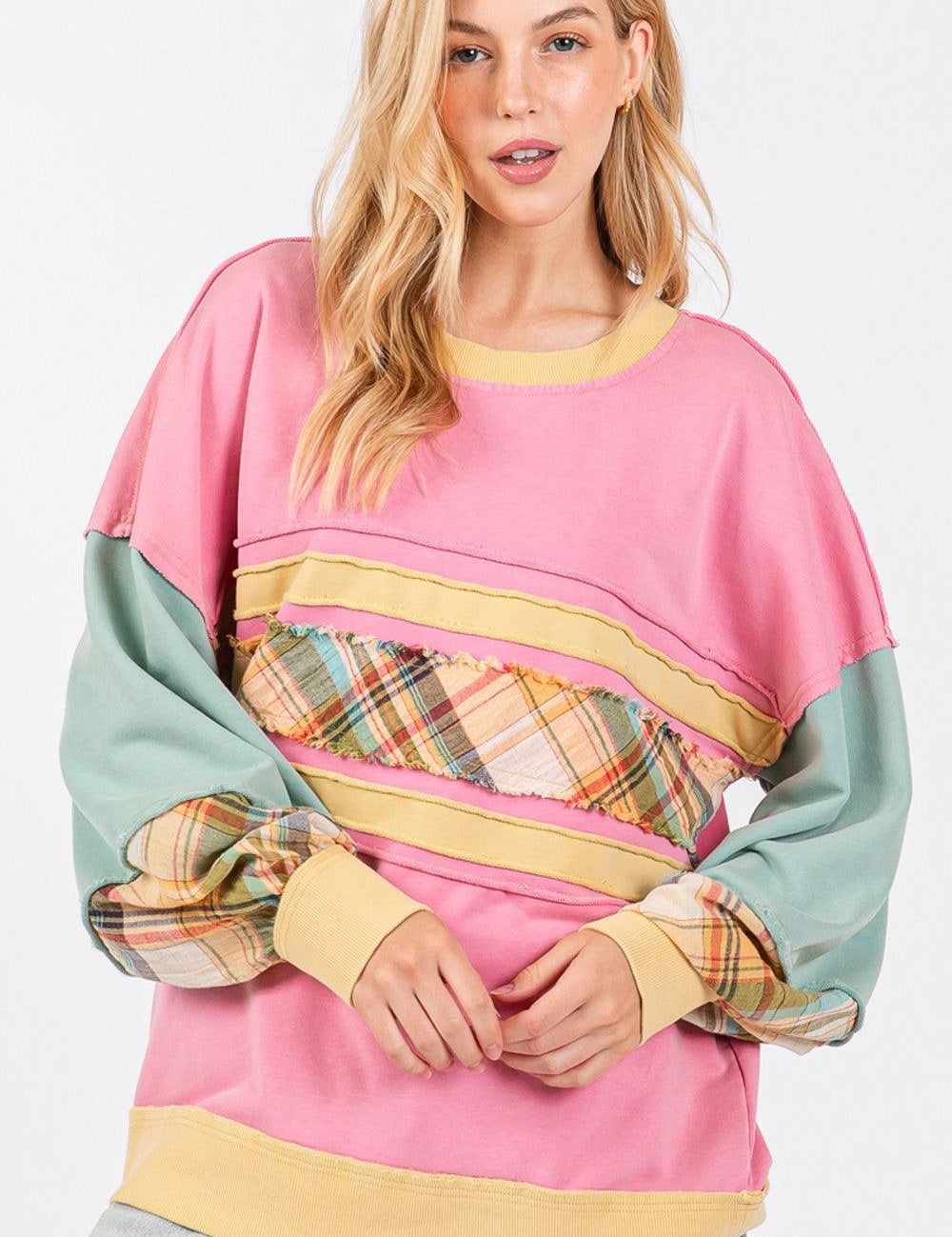 SAGE + FIG Mineral Wash Raw Edge Color Block Sweatshirt | Sweatshirts Daverri Fashions