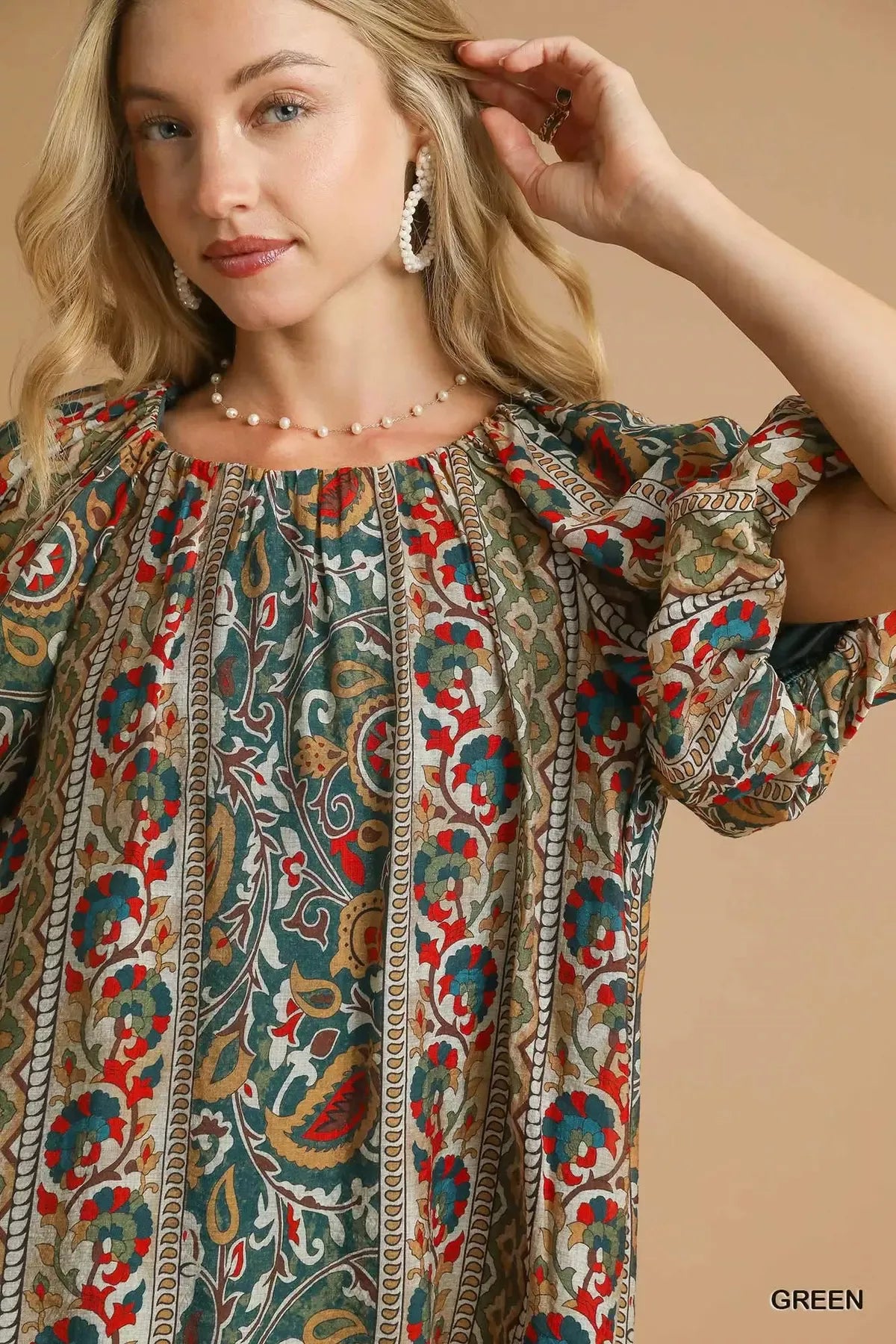 Umgee Boho Floral Stripe Puff Sleeve Blouse | Blouses Daverri Fashions