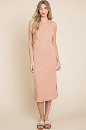 Apricot BOMBOM Ribbed Knit Sleeveless Midi Dress | Daverri Fashions