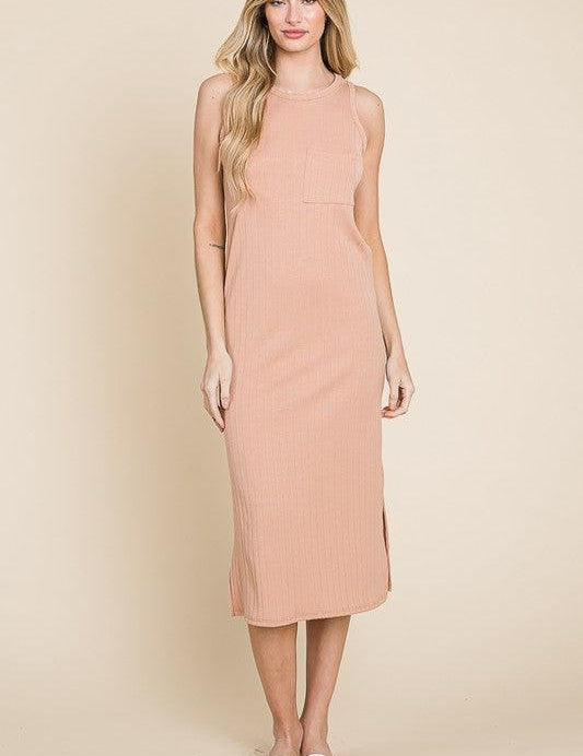 Apricot BOMBOM Ribbed Knit Sleeveless Midi Dress | Daverri Fashions