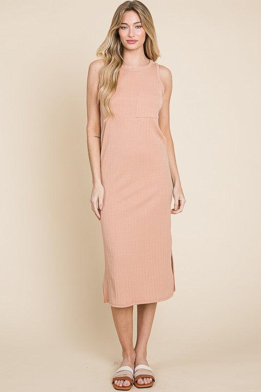 Apricot BOMBOM Ribbed Knit Sleeveless Midi Dress | Daverri Fashions