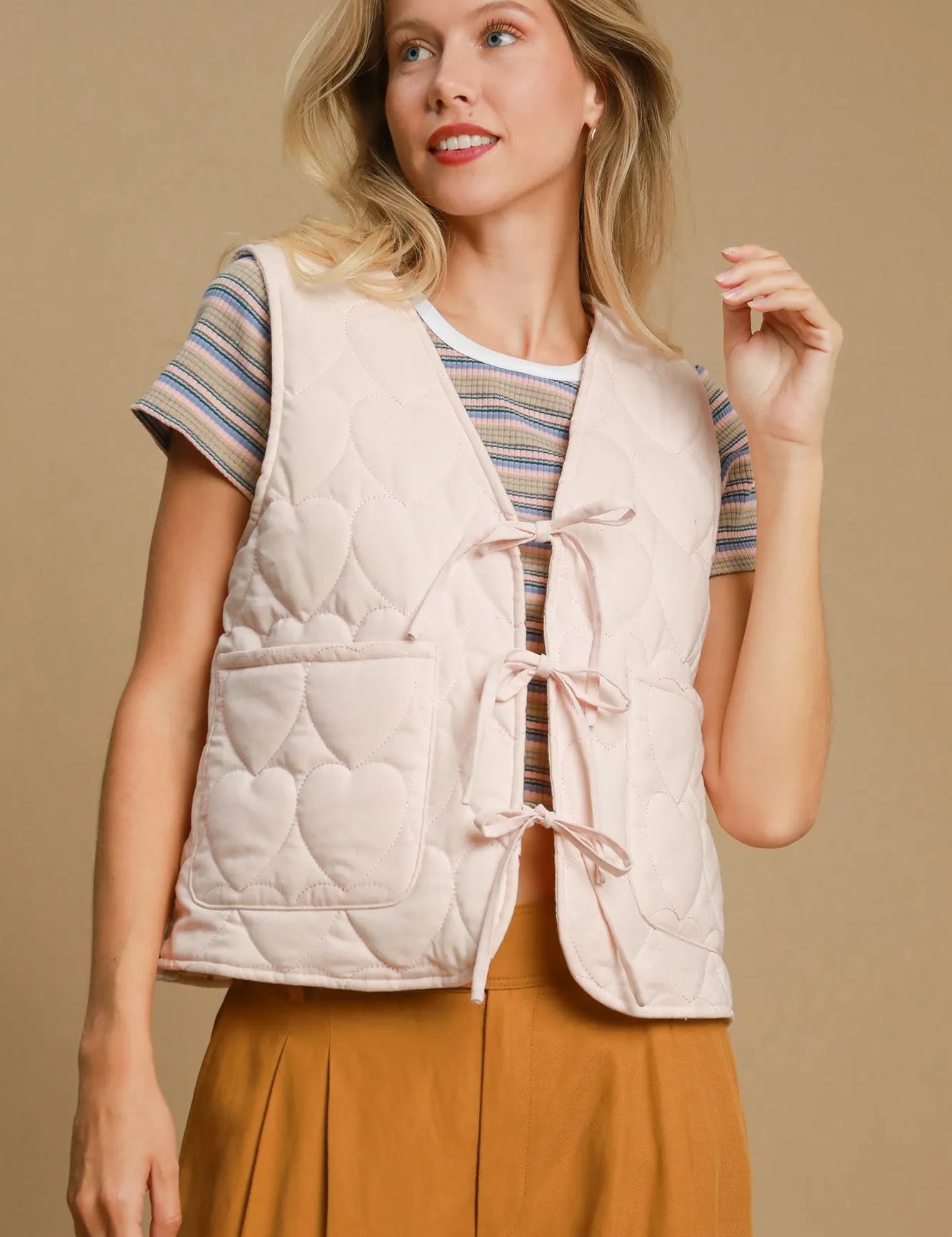 LT. PINK Umgee Heart Quilted Tie-Front Vest | Vests Daverri Fashions