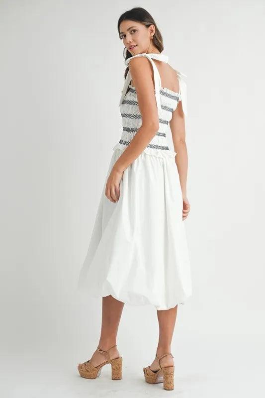 MABLE Smocked Bodice Bubble Midi Dress | Daverri Fashions