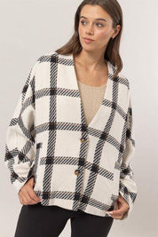 Cream HYFVE Plaid Long Sleeve Jacket with Side Slit Pockets | Daverri Fashions