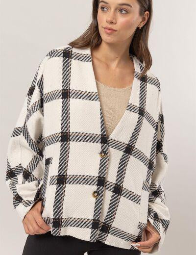 Cream HYFVE Plaid Long Sleeve Jacket with Side Slit Pockets | Daverri Fashions