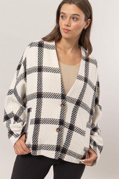 Cream HYFVE Plaid Long Sleeve Jacket with Side Slit Pockets | Daverri Fashions