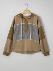 Mixed Texture Patchwork Exposed Seam Half Button Hoodie | Hoodies Daverri Fashions