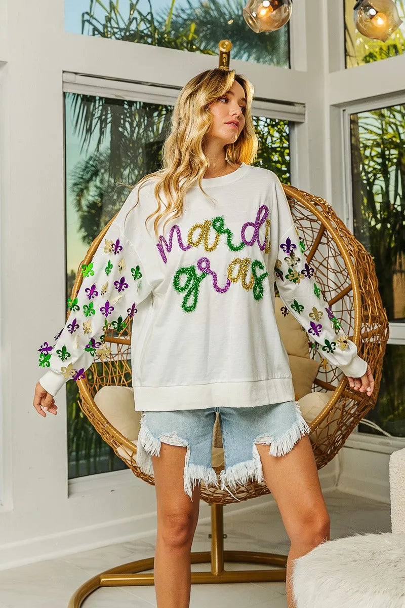 BiBi Fleur De Lis Sleeve Mardi Gras Pullover | Daverri Fashions
