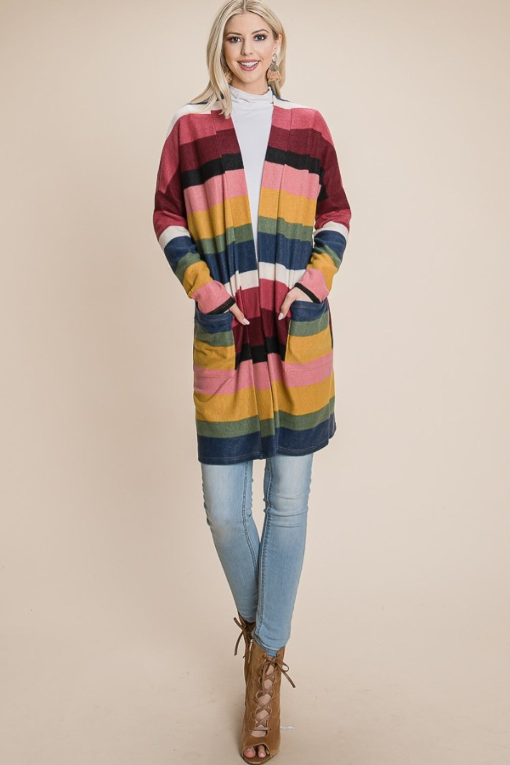 BOMBOM Color Block Striped Open Front Cardigan | Daverri Fashions