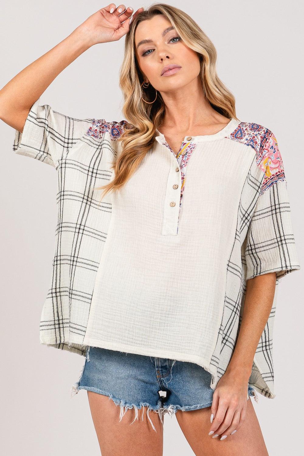 SAGE + FIG Plaid Half Button Gauze Top | Tops Daverri Fashions