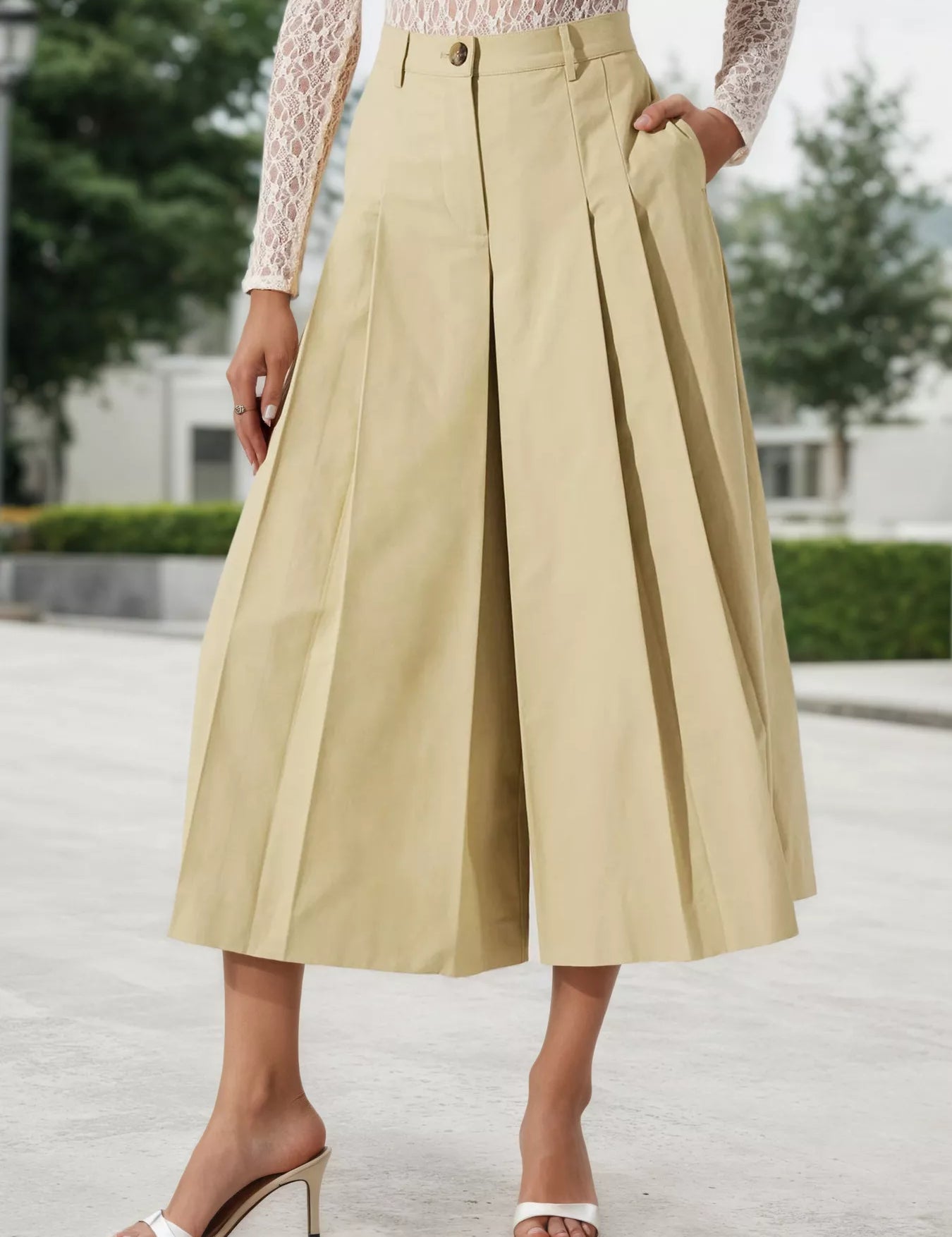 Khaki High-Waisted Pleated Wide-Leg Cropped Pants | Pants Daverri Fashions