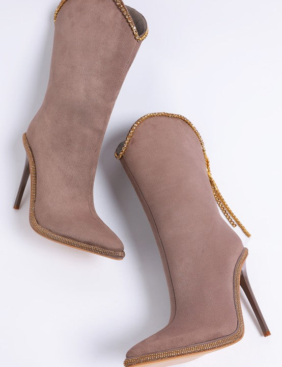 Taupe Ashipa Diamante Chain Detail Calf Boots | Boots Daverri Fashions