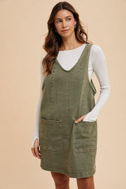 Army Green Annie Wear V-Neck Adjustable Strap Denim Overall Dress with Pockets | Daverri Fashions