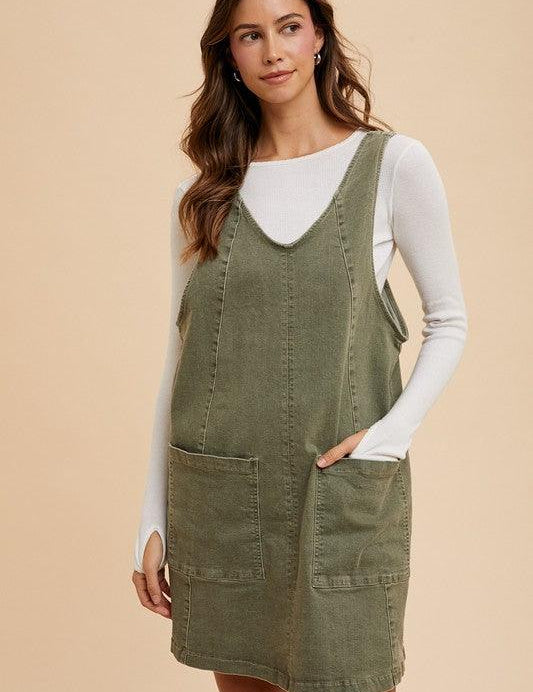 Army Green Annie Wear V-Neck Adjustable Strap Denim Overall Dress with Pockets | Daverri Fashions