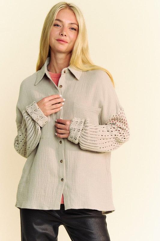 Davi & Dani Crochet Sleeve Crinkled Texture Shirt | Tops Daverri Fashions