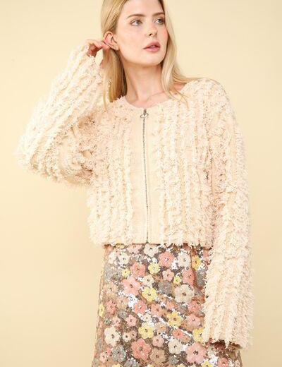 VERY J Shaggy Yarn Knit Zip Up Jacket Cream | Jackets Daverri Fashions