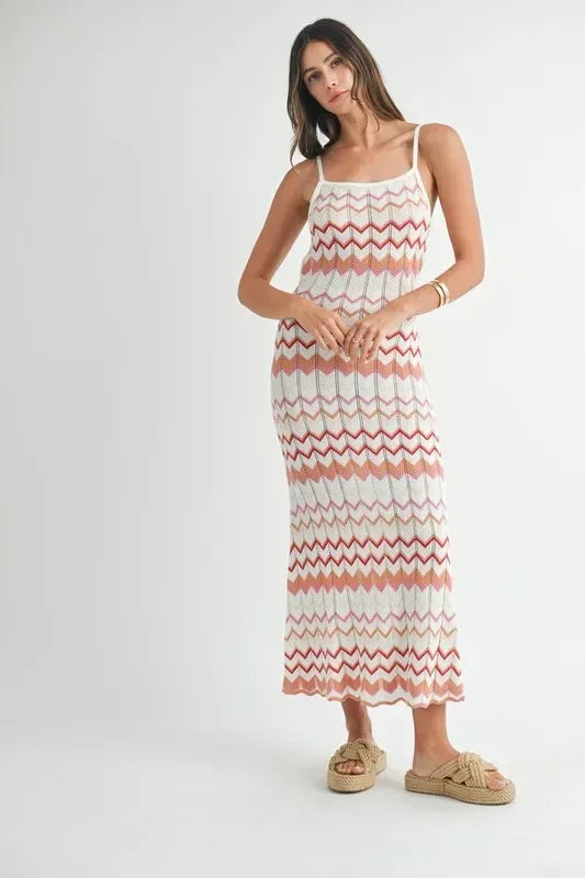 MABLE Lightweight Pointelle Chevron Knit Maxi Dress - DAVERRI FASHIONS