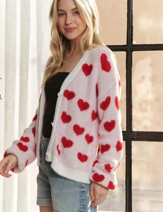 ADORA Fuzzy Heart Button Down Cardigan | Cardigans Daverri Fashions