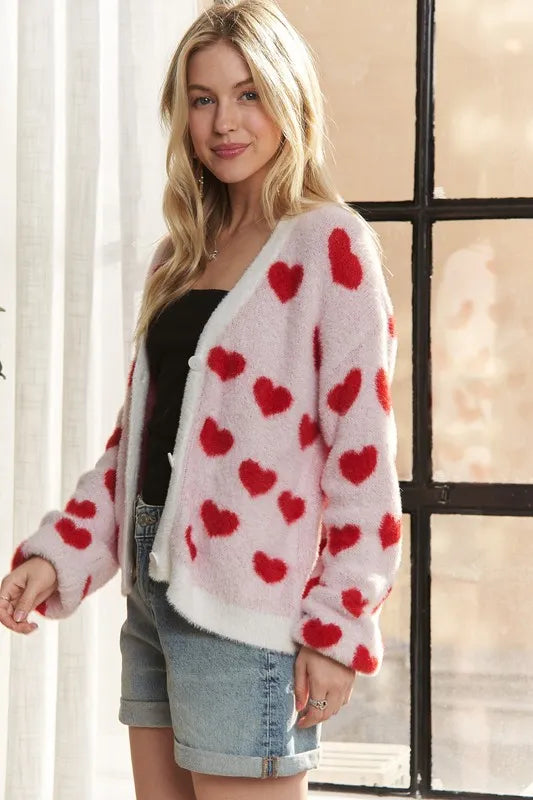 ADORA Fuzzy Heart Button Down Cardigan | Cardigans Daverri Fashions