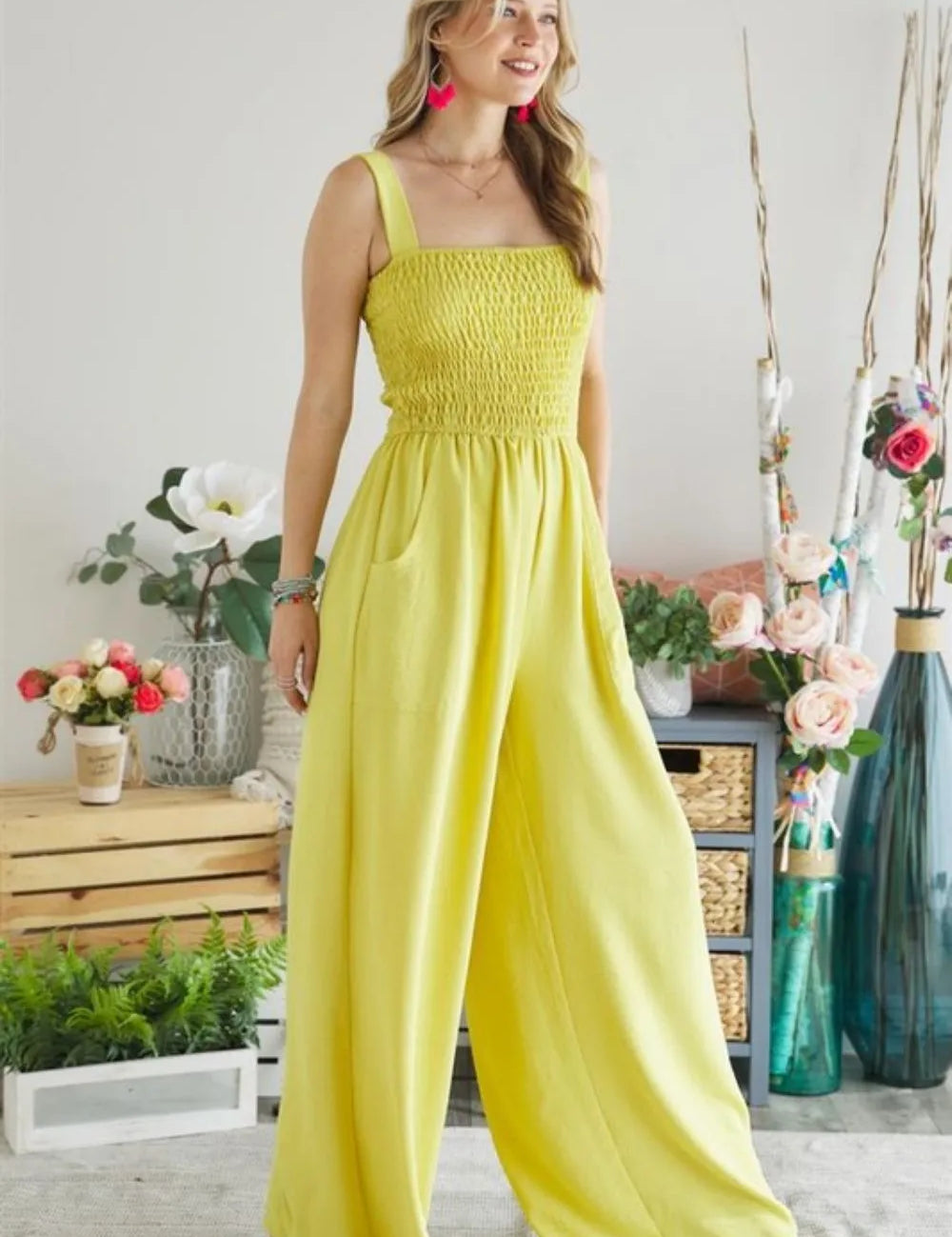 YELLOW ADORA Smocking Top Wide Leg Jumpsuit | Jumpsuits Daverri Fashions
