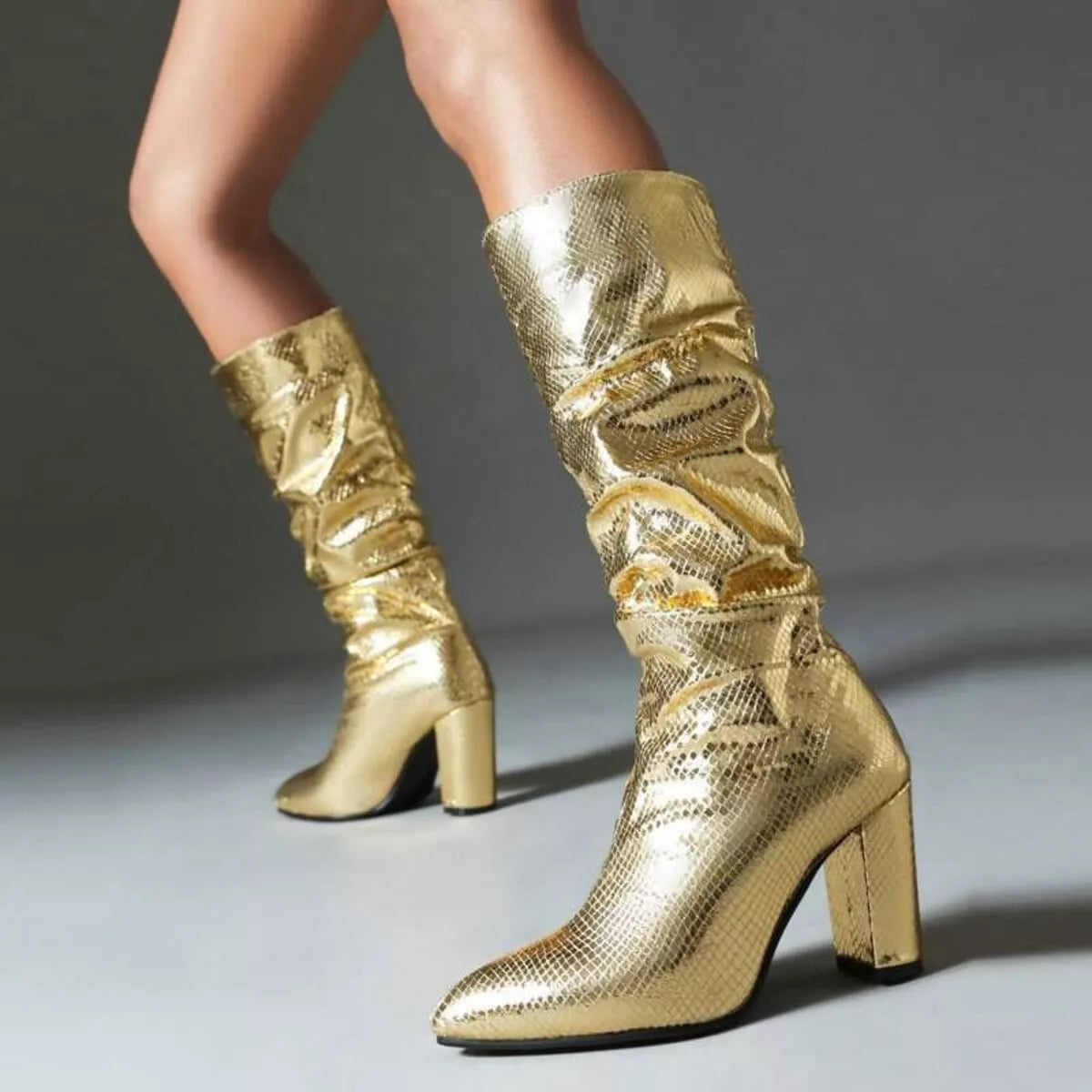 Gold Glamour Shine Point Toe Block Heel Boots | Boots Daverri Fashions