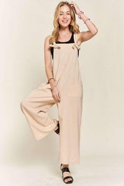 Tan ADORA Knotted Wide Strap Wide Leg Overalls | Daverri Fashions