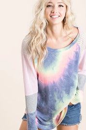 BiBi Tie Dye Terry Top With Color Block Pointelle Knit | Tops Daverri Fashions