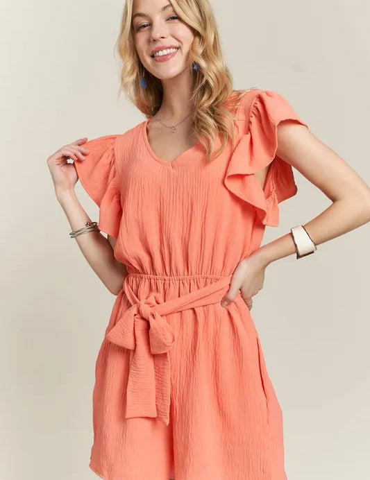 CORAL ADORA Ruffle Sleeves Romper with Pockets | Rompers Daverri Fashions