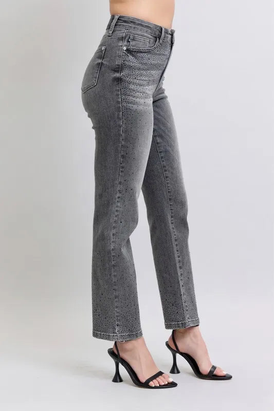 Judy Blue Full Size High Waist Rhinestone Straight Jeans Plus Size | Daverri Fashions
