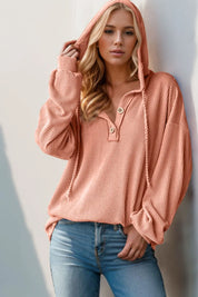 Burnt Coral Double Take Full Size Half Button Long Sleeve Hoodie | Hoodies Daverri Fashions