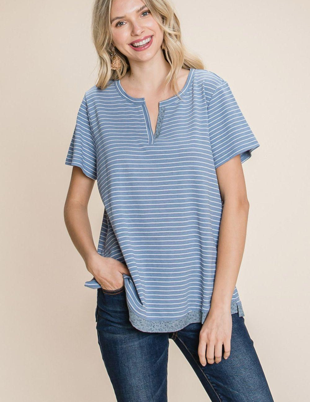Denim Slit Striped Notched Short Sleeve T-Shirt | T-Shirts Daverri Fashions