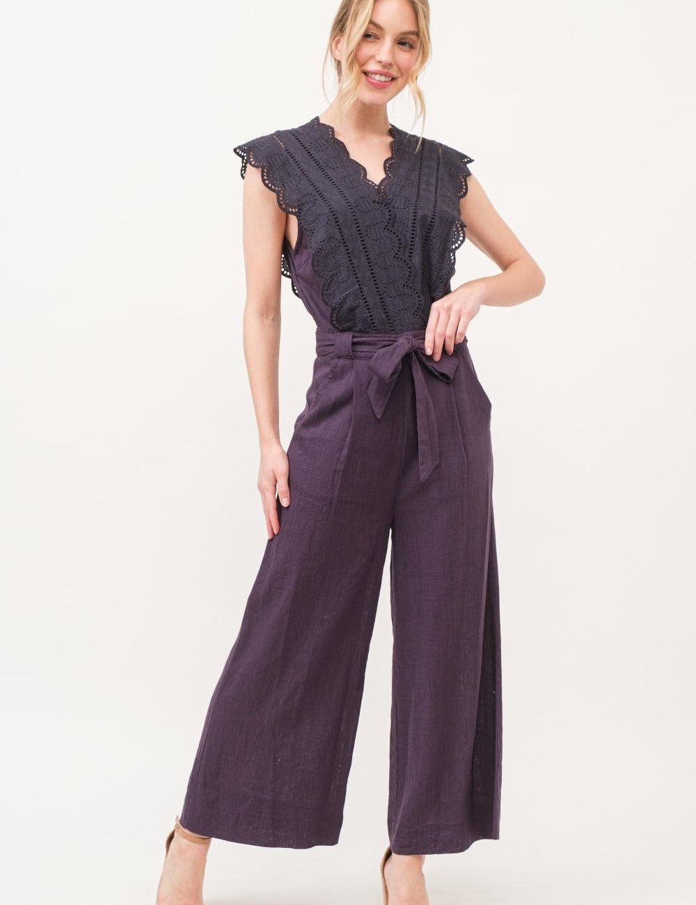 Purple And The Why Laced Surplice Tie Waist Jumpsuit | Jumpsuits Daverri Fashions