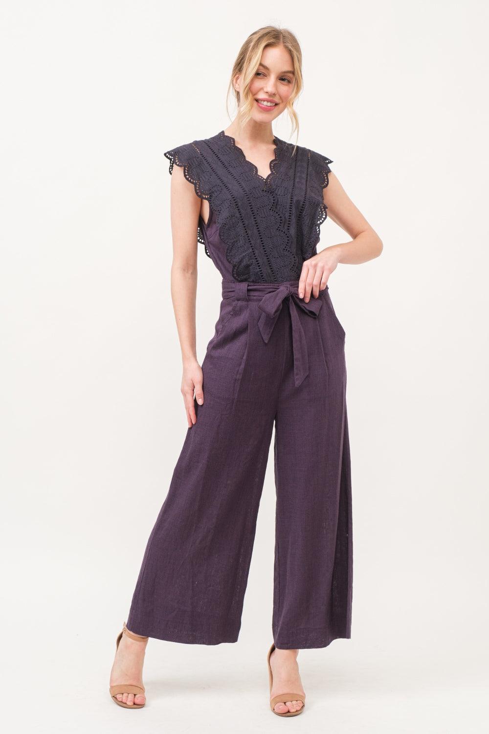 Purple And The Why Laced Surplice Tie Waist Jumpsuit | Jumpsuits Daverri Fashions