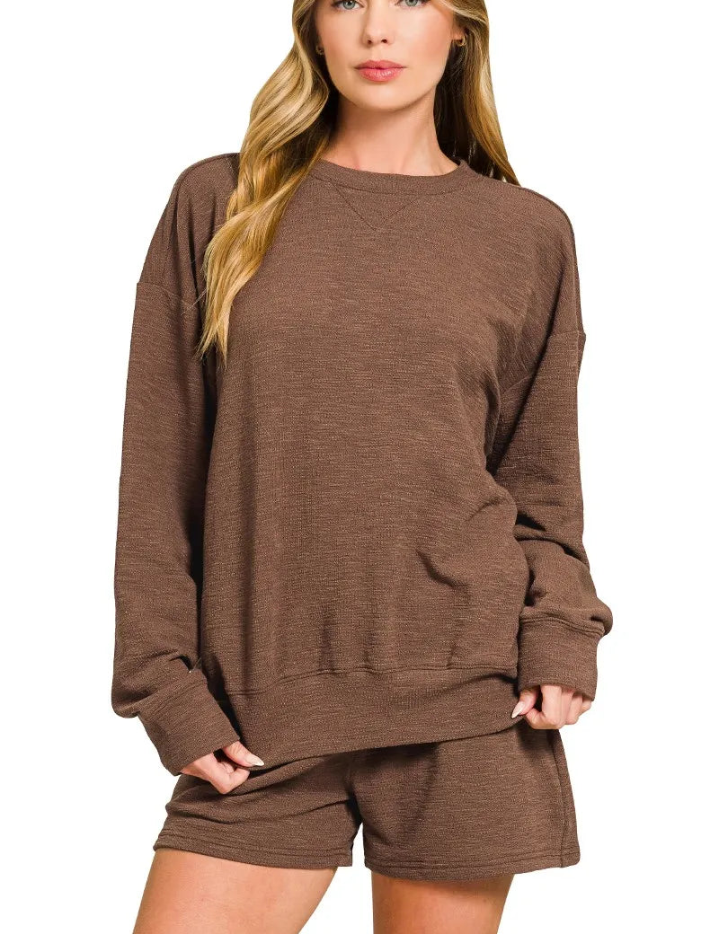 BROWN Zenana Slub Long Sleeve Top and Shorts Set | Loungewear Sets Daverri Fashions