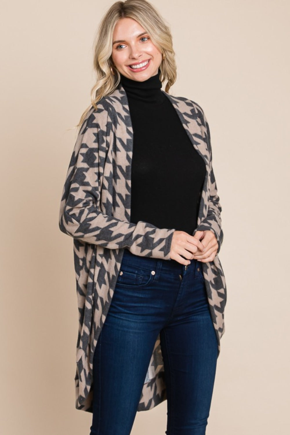 BOMBOM Houndstooth Open Front Cocoon Knit Cardigan | Cardigans Daverri Fashions