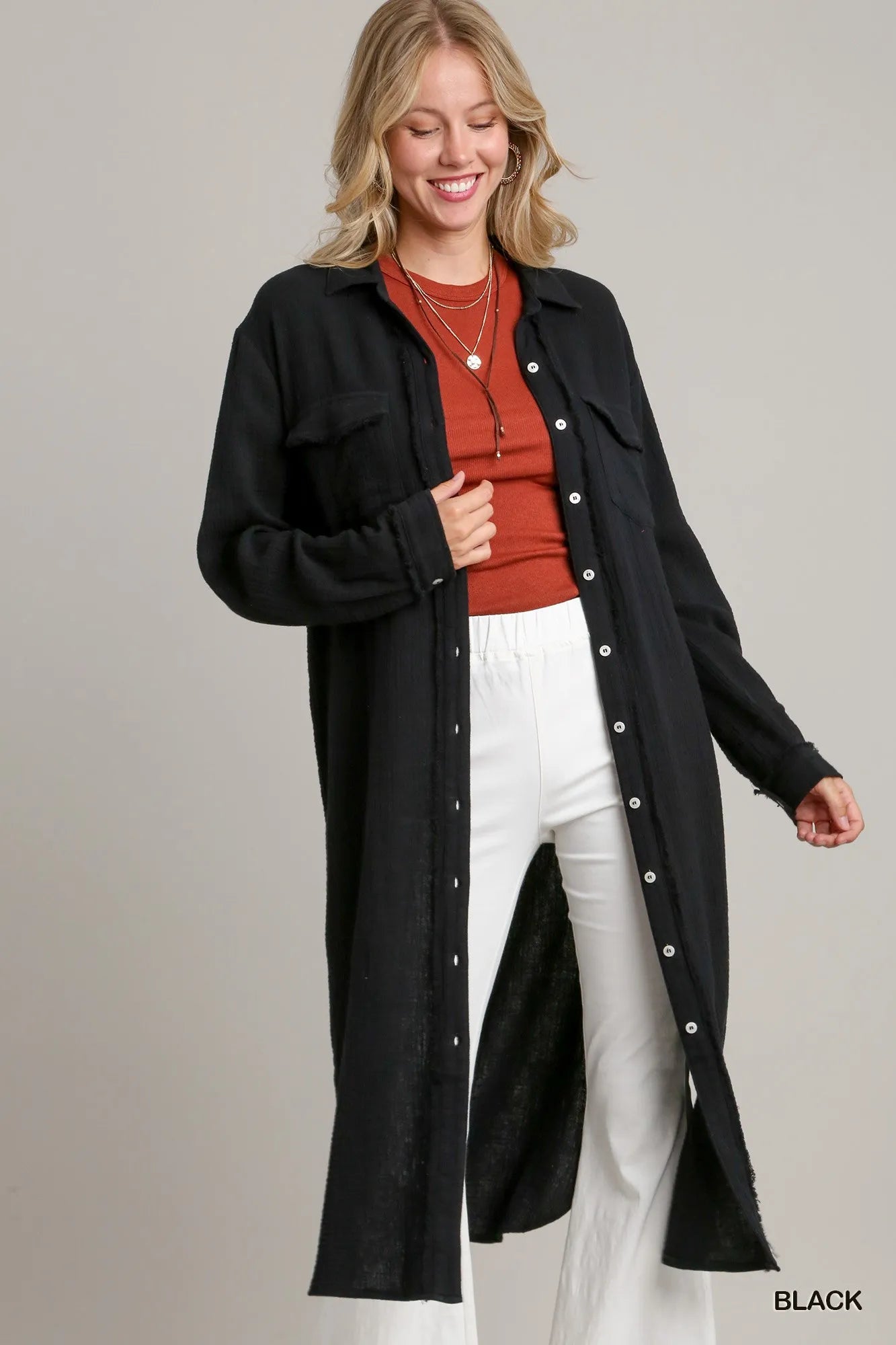 Black Umgee Cotton Gauze Button Down Shirt Dress | Midi Dresses Daverri Fashions