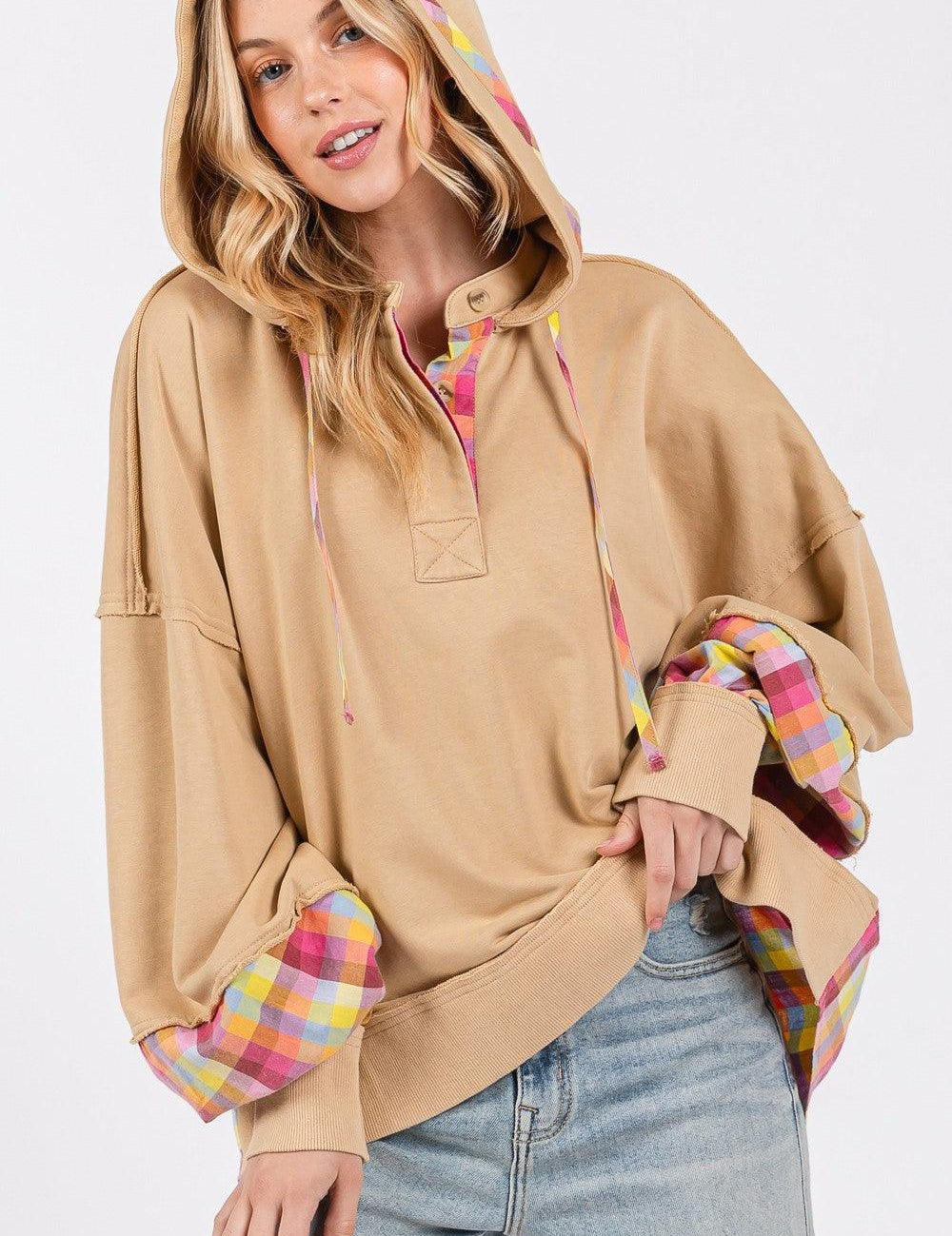 Croissant 3XL SAGE + FIG Full Size Plaid Print Washed Hoodie Plus Size | Hoodies Daverri Fashions