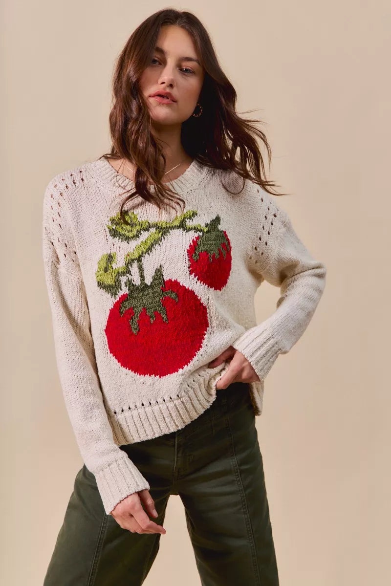 CREAM MULTI SO ME Vegetable Round Neck Long Sleeve Sweater | Sweaters Daverri Fashions