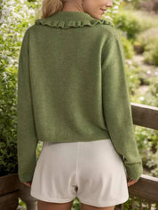 Frill Button Up Collared Neck Long Sleeve Cardigan | Cardigans Daverri Fashions