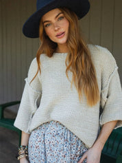 Round Neck Oversized Knit Top with Relaxed Fit | Tops Daverri Fashions