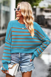 Sky Blue Striped Round Neck Drop Shoulder Slit Sweater | Sweaters Daverri Fashions
