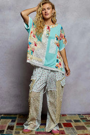 POL Lace Round Neck Short Sleeve Floral Pattern Top with Patch Detail | Tops Daverri Fashions