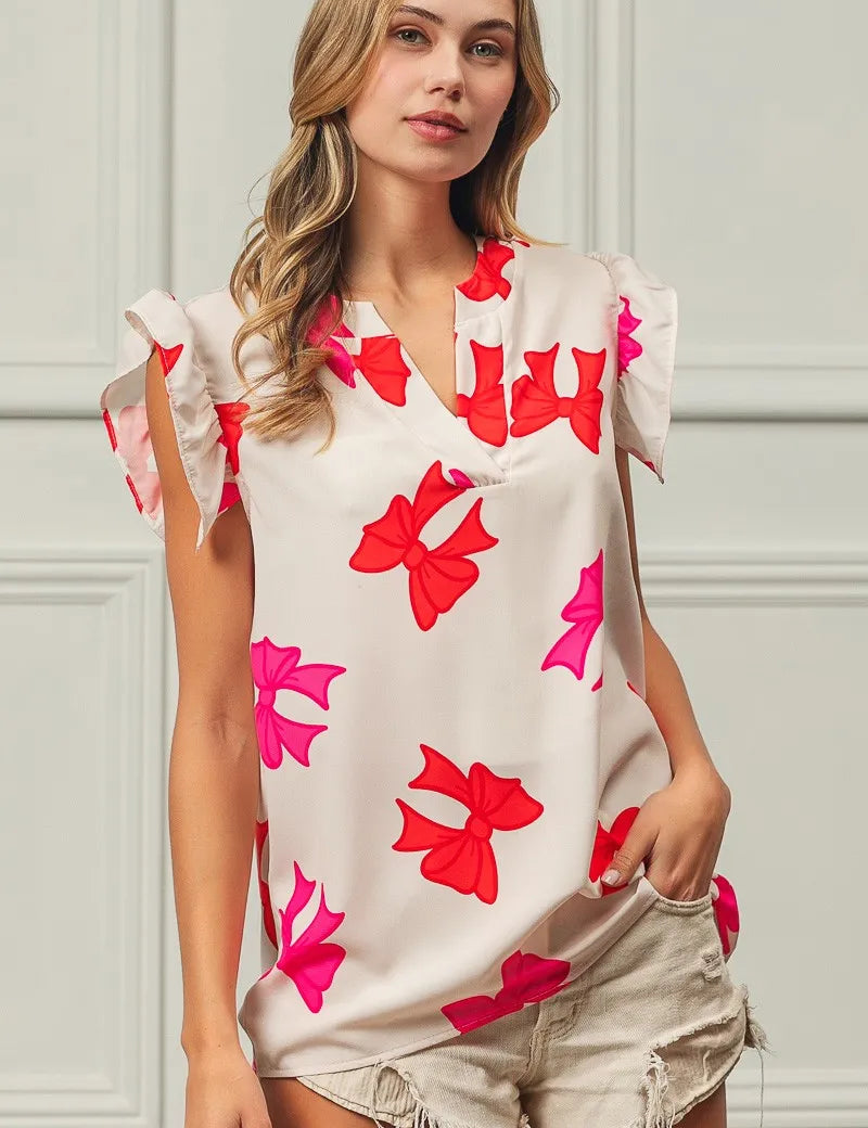 BiBi Bow Printed Woven Ruffled Sleeves V Neck Top | Tops Daverri Fashions