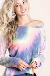 BiBi Tie Dye Terry Top With Color Block Pointelle Knit | Tops Daverri Fashions